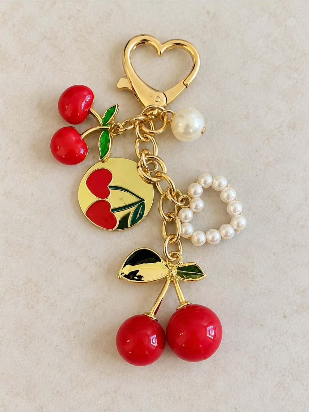 Gold Cherry Charm Keychain with Red Enamel and Pearl Accents